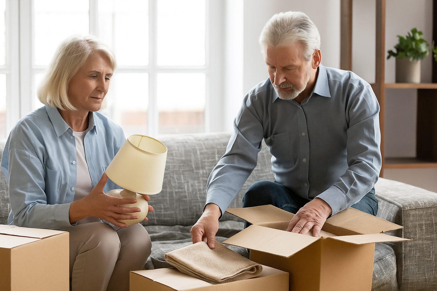 Senior couple organizing belongings during San Antonio senior right-sizing