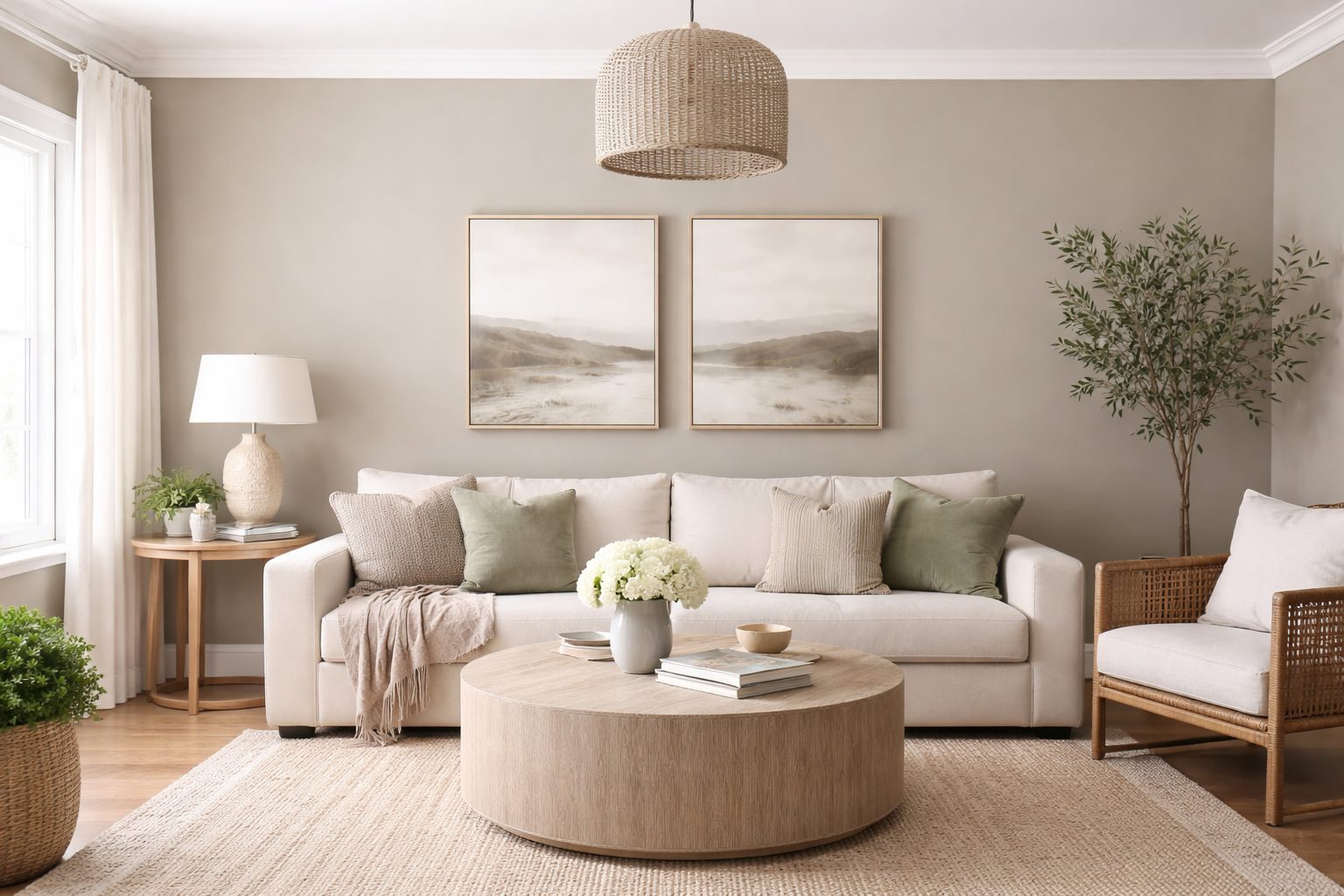 San Antonio interior example with Sherwin-Williams Pavestone SW 7642 greige walls and bright, inviting living room design.