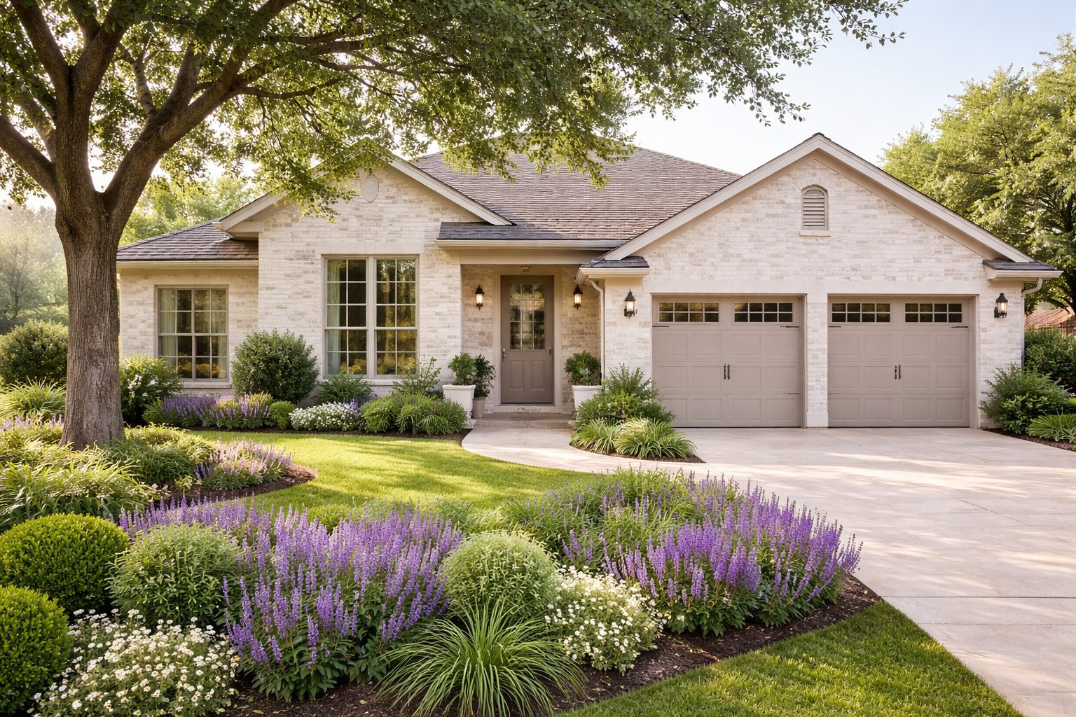 San Antonio curb appeal example featuring a single-story home, shaded front yard, purple flowers, and simple elegant landscaping.